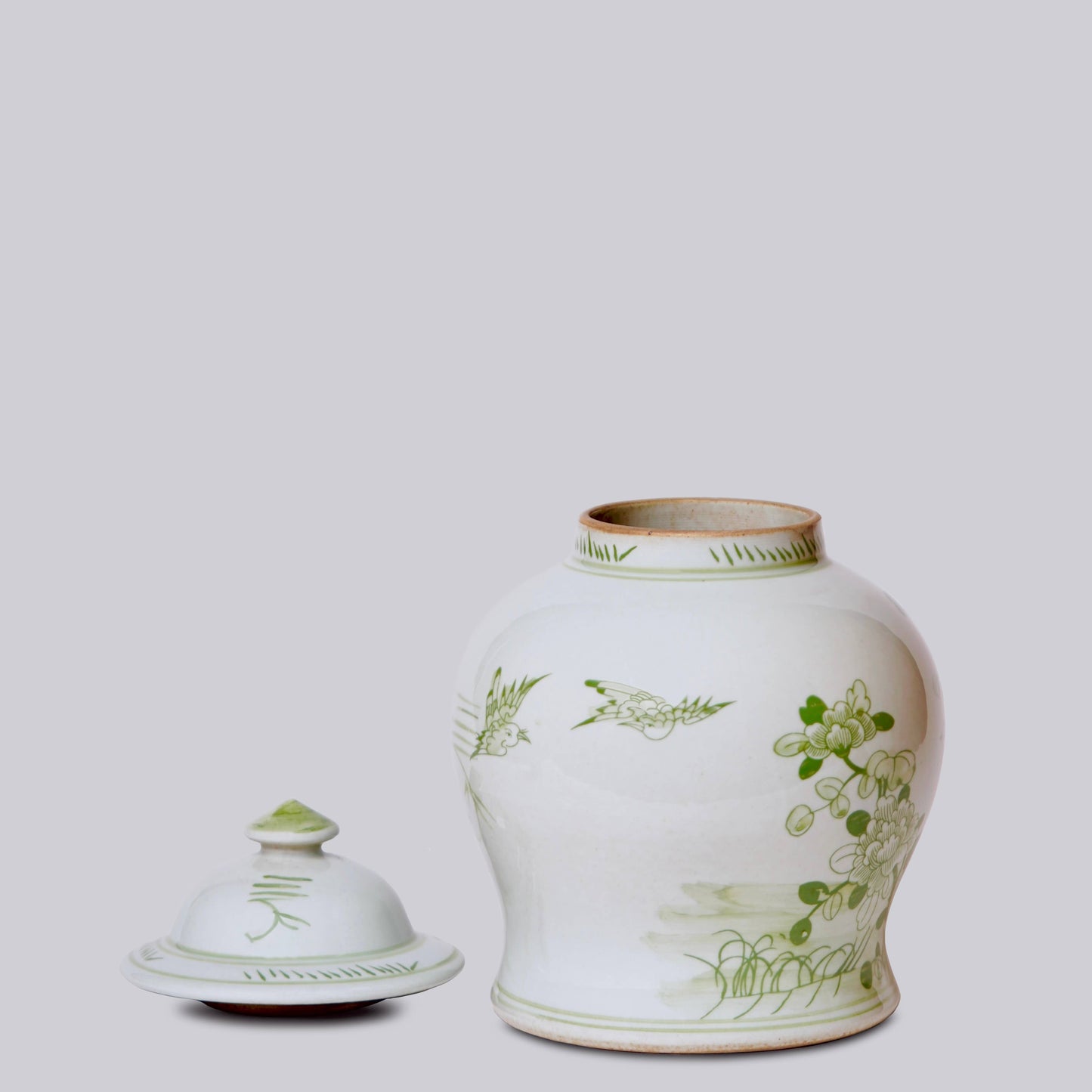 Medium Green and White Porcelain Bird and Flower Temple Jar