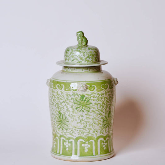 Green and White Porcelain Chrysanthemum Temple Jar