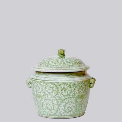 Green and White Porcelain Scrolling Peony Lug Jar