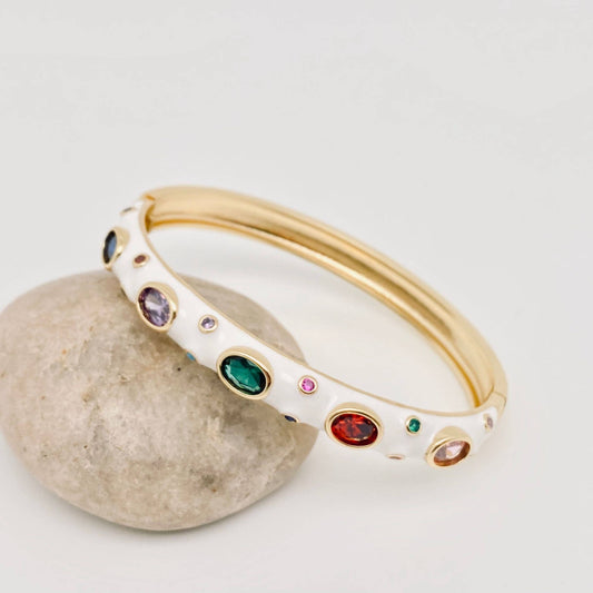 Inlaid Cubic Zirconia Gold Plated 8MM Enamel Bangle: White