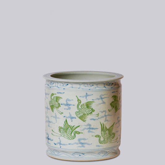 Cranes and Clouds Green and Blue Porcelain Cachepot