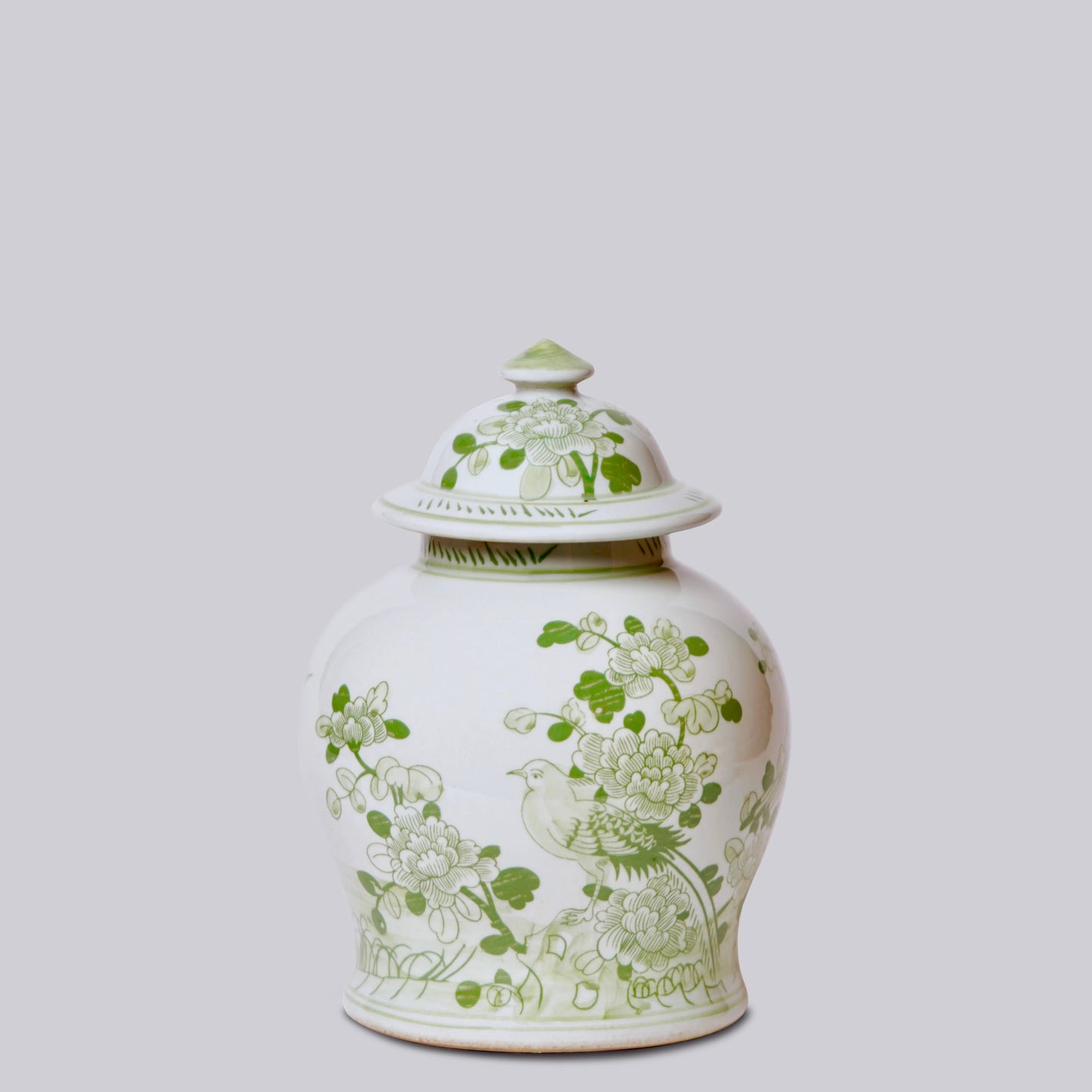 Medium Green and White Porcelain Bird and Flower Temple Jar