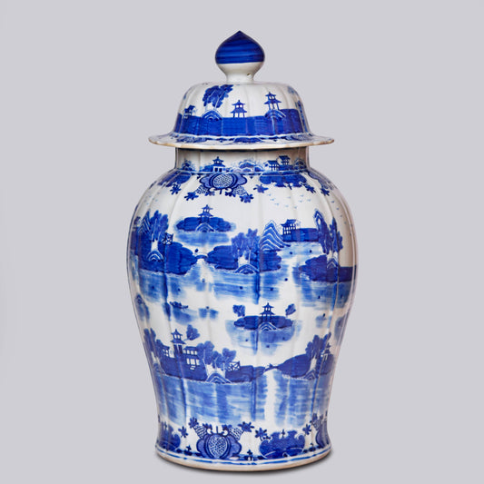 Willow Ware Blue & White Porcelain Ribbed Jar