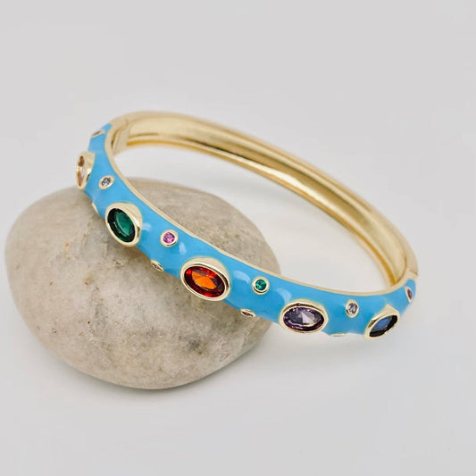 Inlaid Cubic Zirconia Gold Plated 8MM Enamel Bangle: Blue