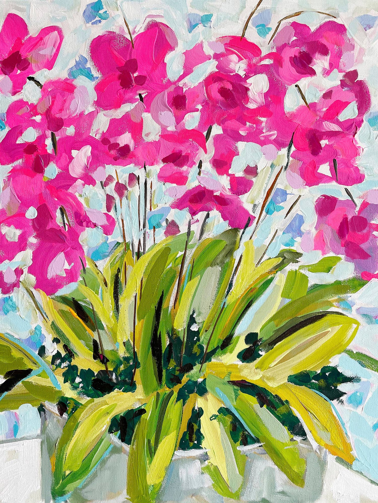 Orchids On Blue Stretched Canvas: 24" H x 18" W