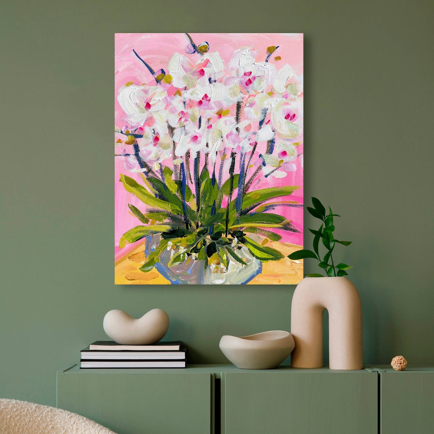 Orchids On Pink Stretched Canvas: 30" H x 24" W