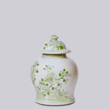 Medium Green and White Porcelain Bird and Flower Temple Jar