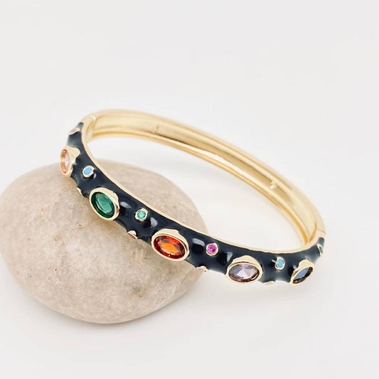 Inlaid Cubic Zirconia Gold Plated 8MM Enamel Bangle: Black