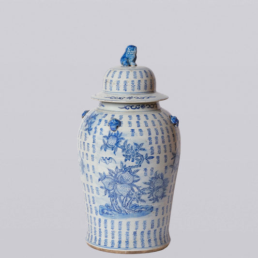 Blue and White Longevity and Peaches Porcelain Temple Jar