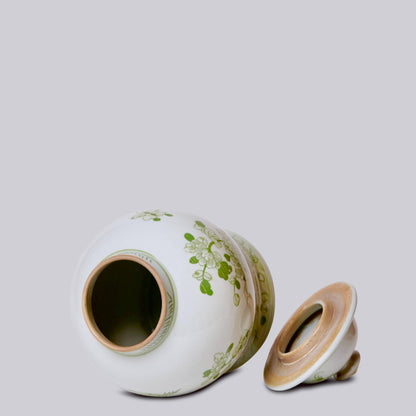 Medium Green and White Porcelain Bird and Flower Temple Jar