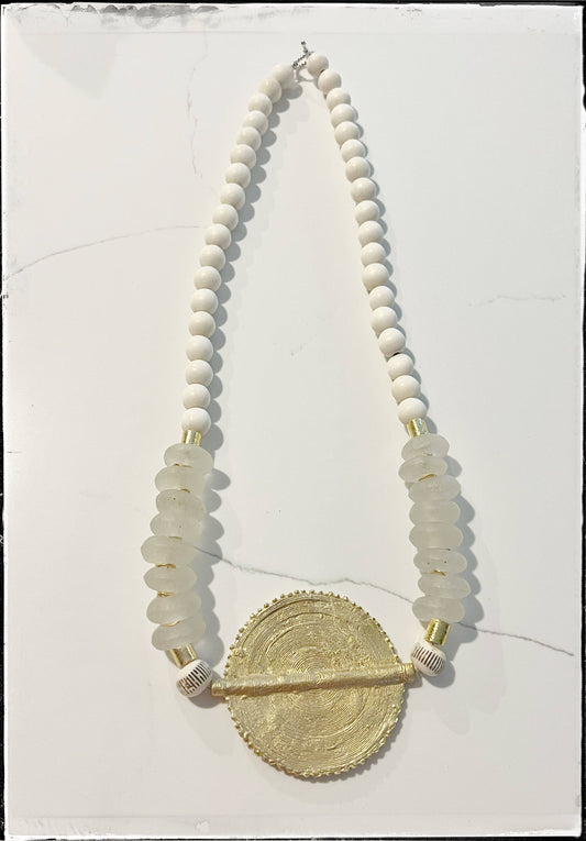 Bone Bead Necklace Gold Pendant